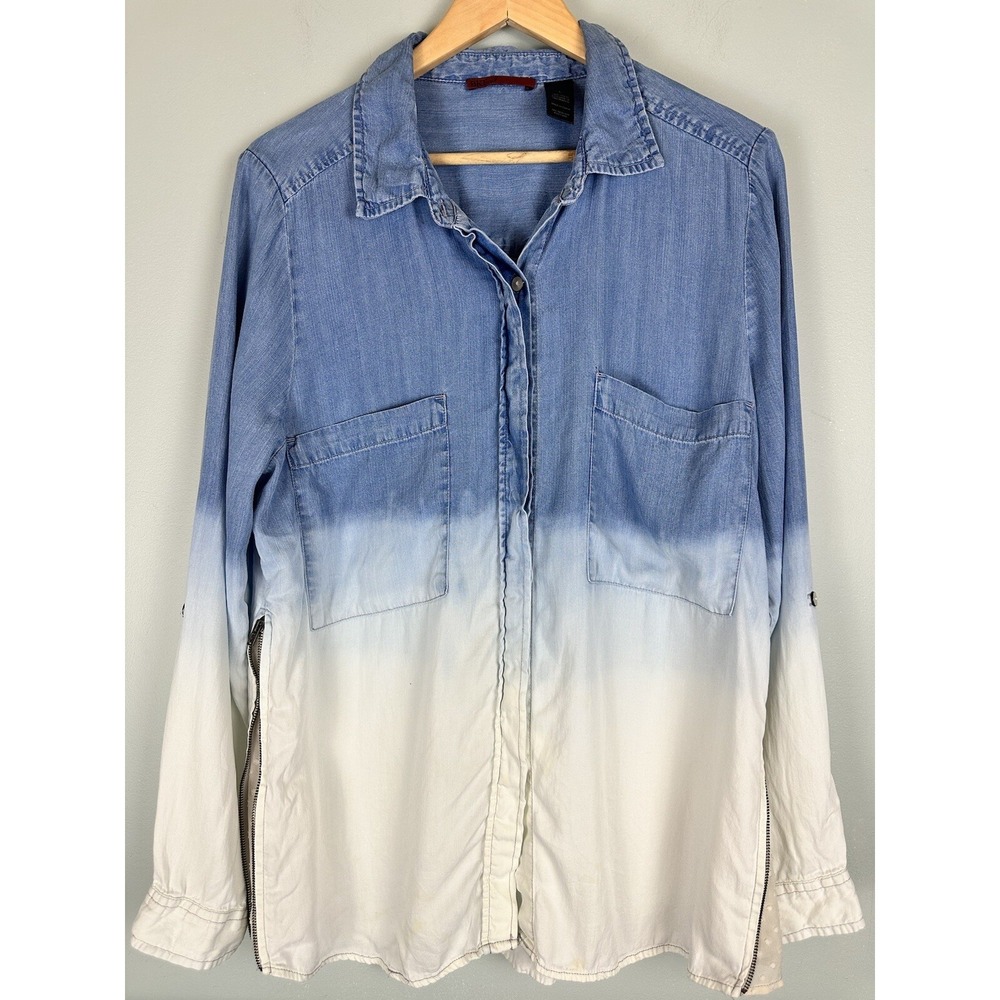 BKE Red Women's Long Sleeve Full Button Denim Ombre Shirt Top with Pockets L